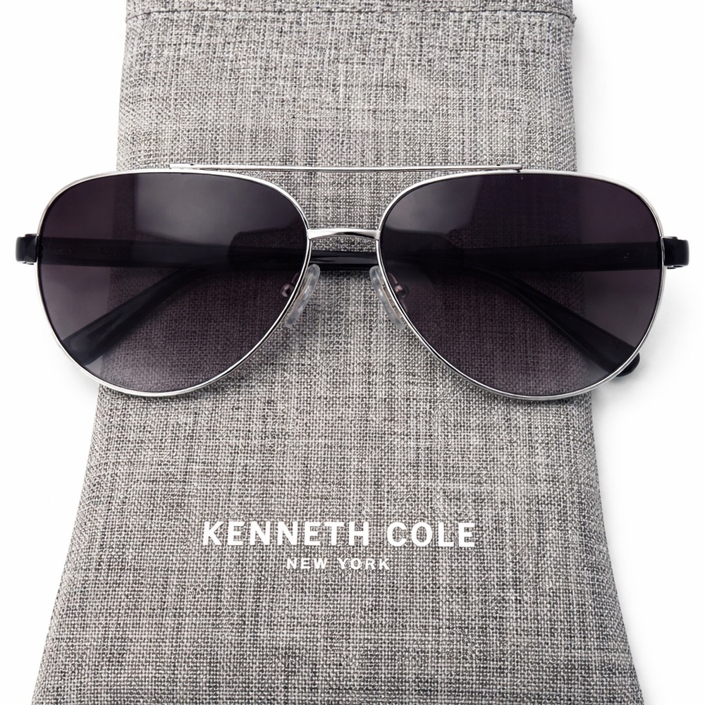 Kenneth Cole Silver Metal Aviator Sunglasses with Black Lenses